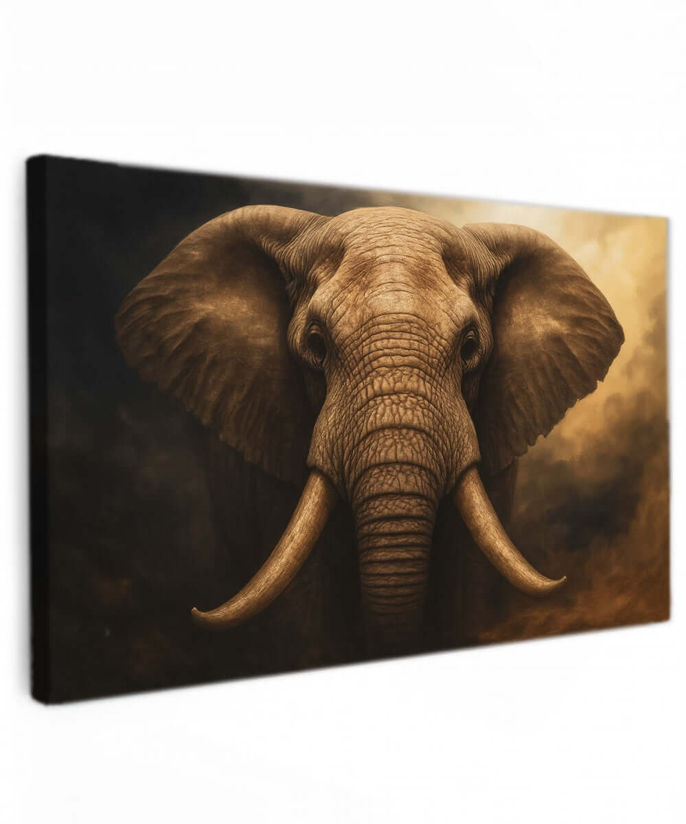 Close-up van Afrikaanse olifant met grote slagtanden op canvas.