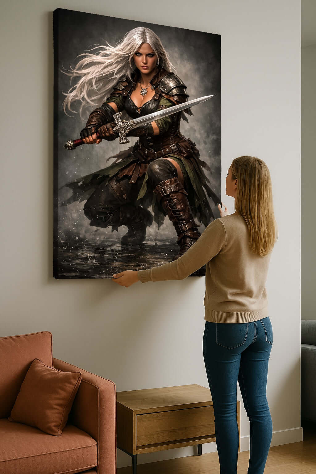 Canvas Schilderij Fierce Blonde Elf Warrior, een vrouw met zwaard in hand, prachtig afgebeeld op canvas.