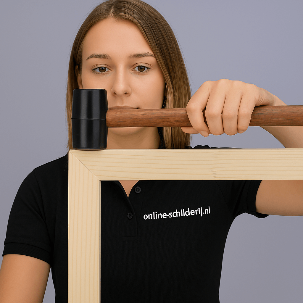 Vrouw die een spieraam 1:1 vasthoudt met een hamer, ideaal voor kunstenaars en moderne composities.