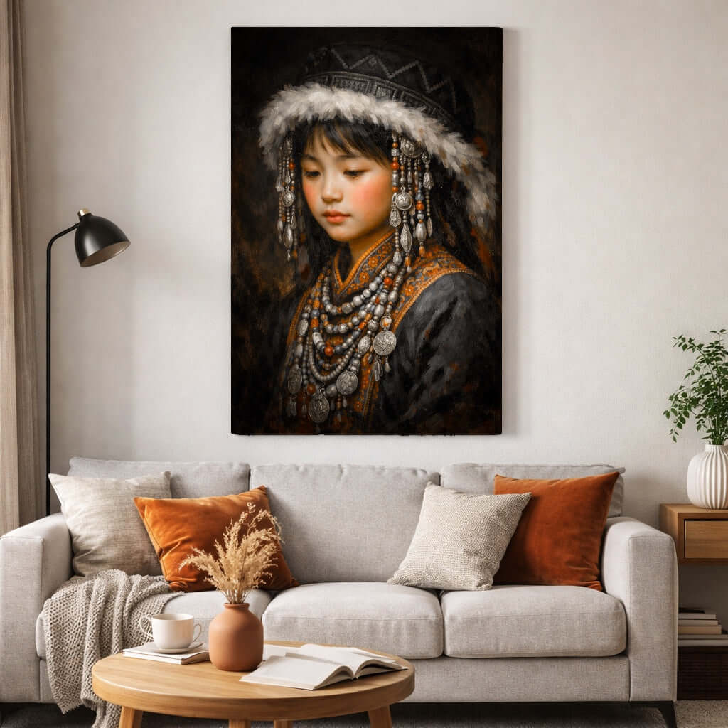Canvas Schilderij Mongools Meisje in Traditionele Klederdracht woonkamer