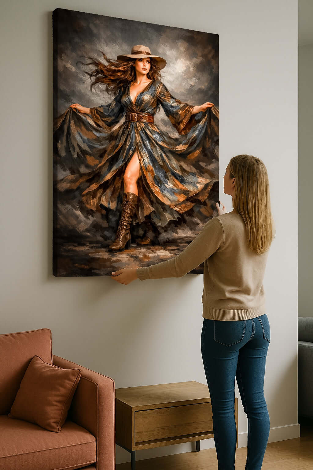 Canvas Schilderij Mystieke Brunette Hoed Lange Jurk Wolken ophangen