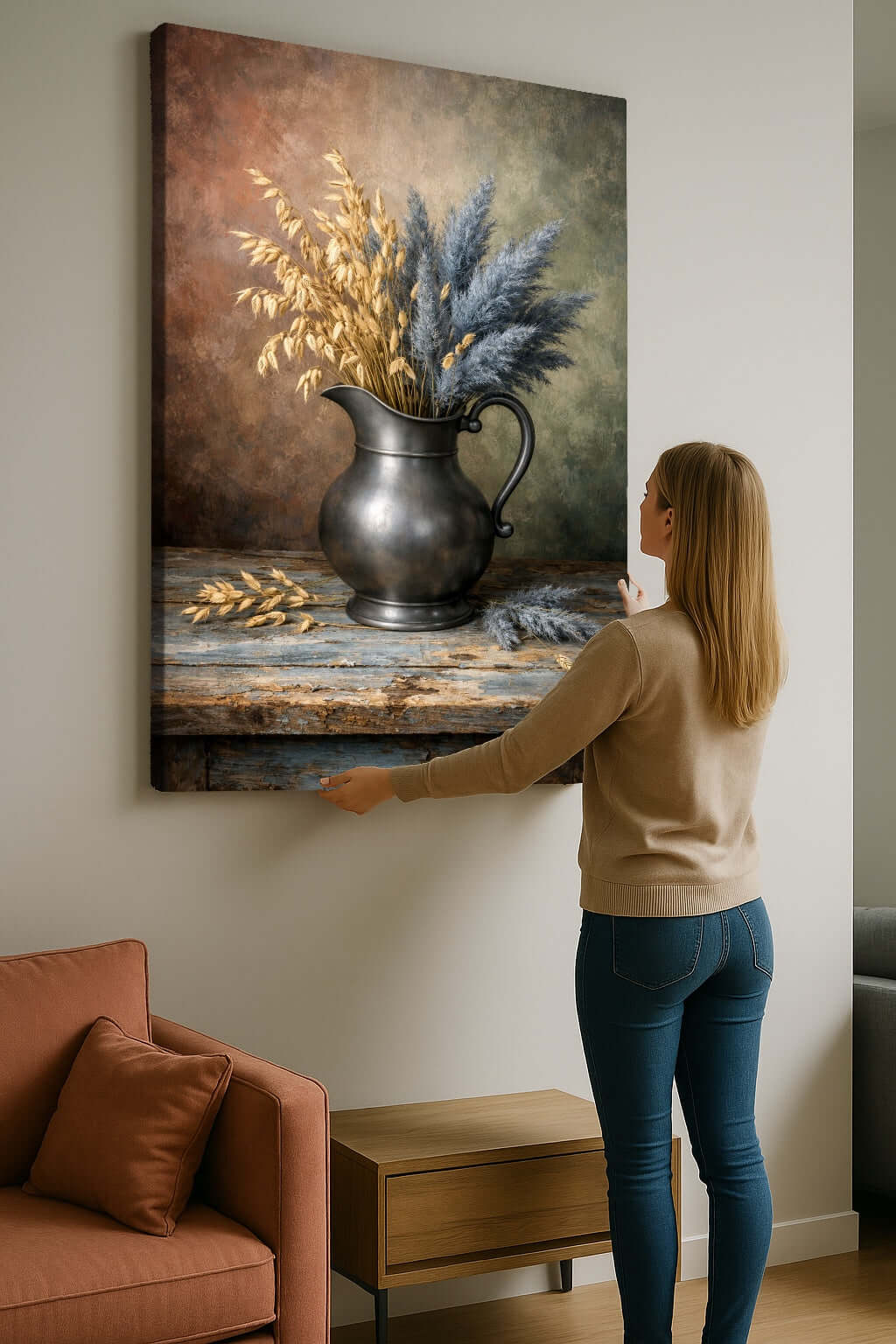 Canvas Schilderij Pampasgras met Gouden Korenaren Antieke Kan ophangen