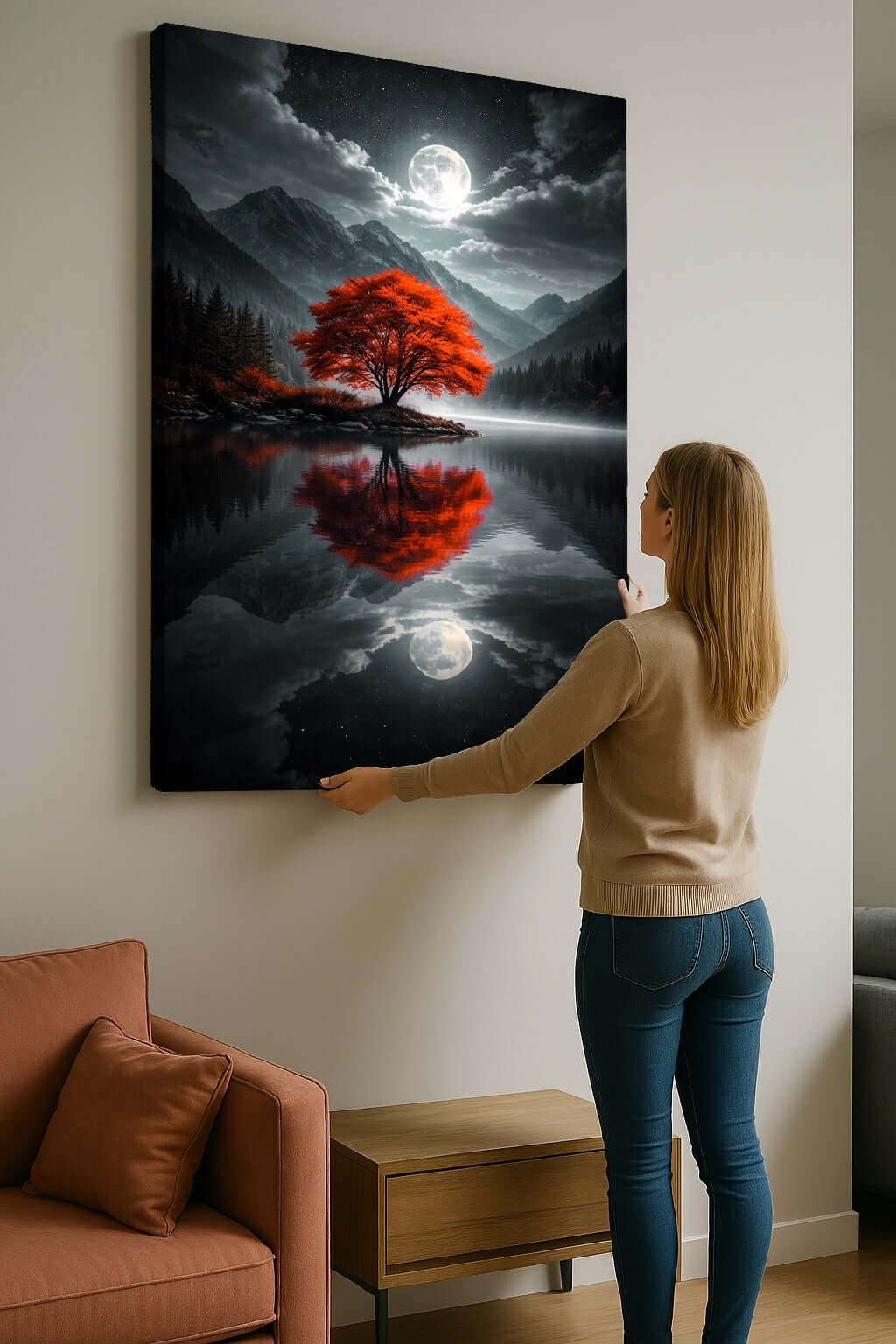 Canvas Schilderij Rode Boom Volle Maan ophangen