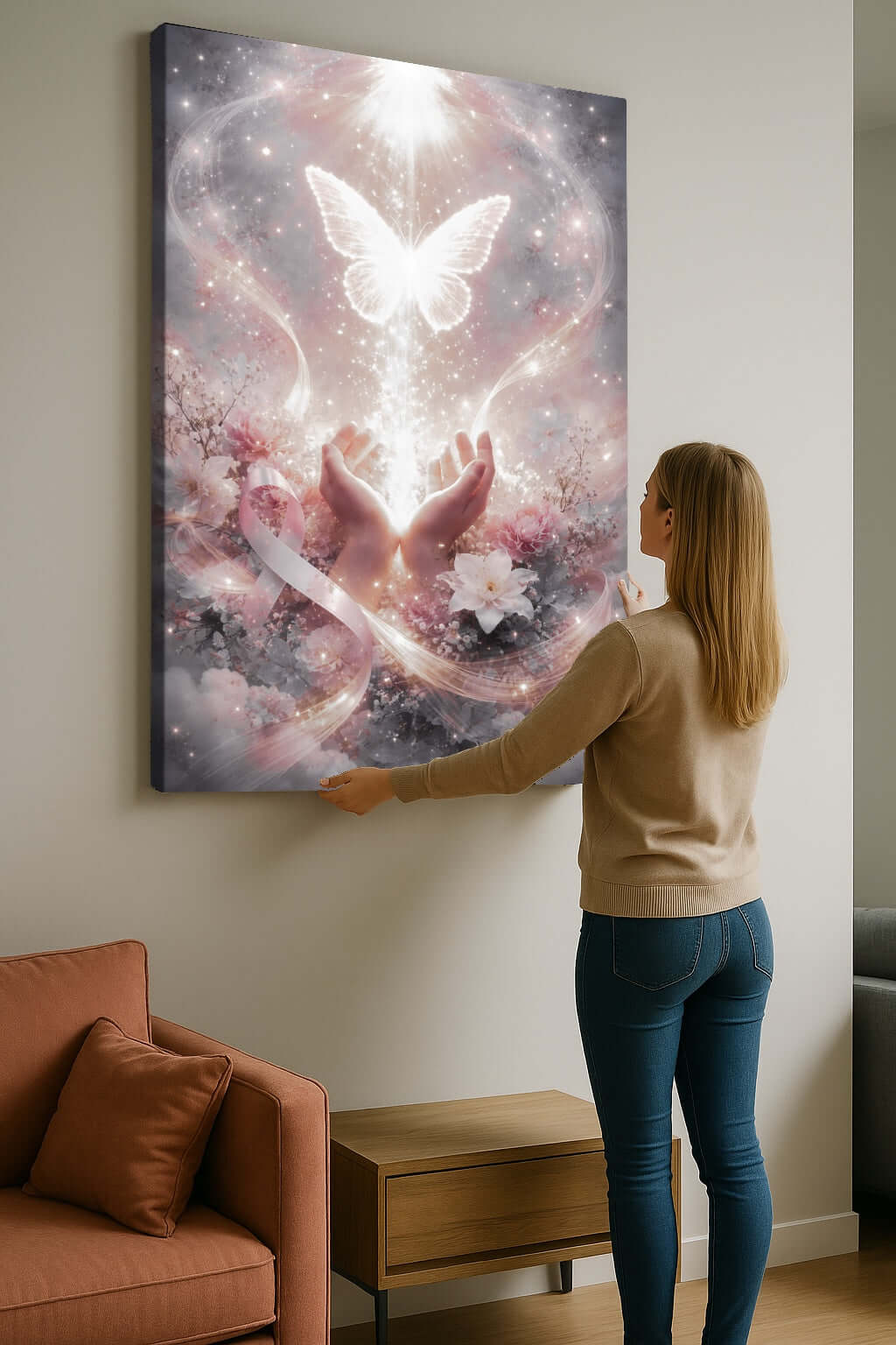Canvas Schilderij Roze Lint Vlinder Licht Herdenking Handen ophangen