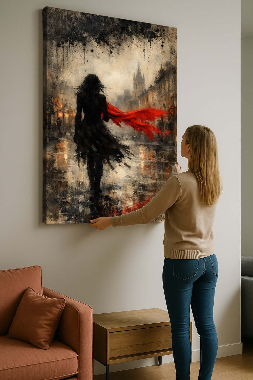 Canvas Schilderij Vrouw met Rode Sjaal Regenstad ophangen