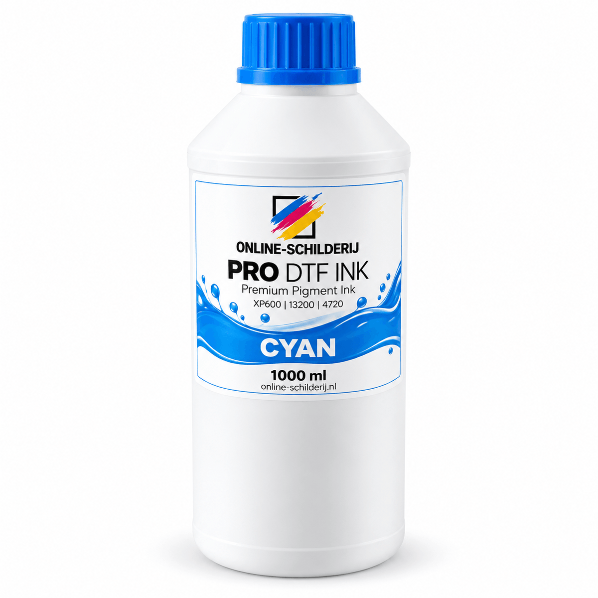Online-Schilderij PRO DTF Inkt Cyaan 1000 ml - Fles met cyaankleurige pigmentinkt voor DTF-bedrukking.