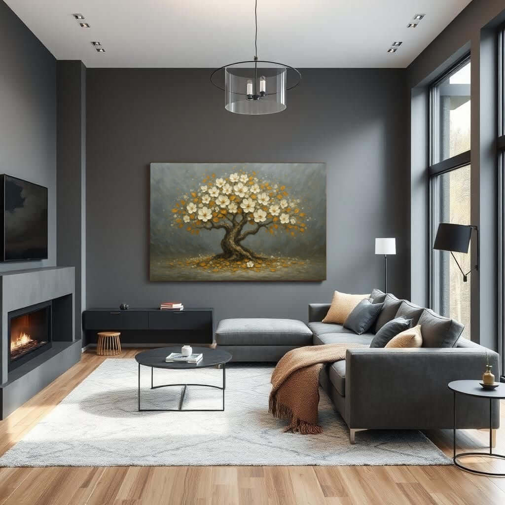 Canvas Schilderij Koperbloesem Bonsai in moderne woonkamer met minimalistische inrichting