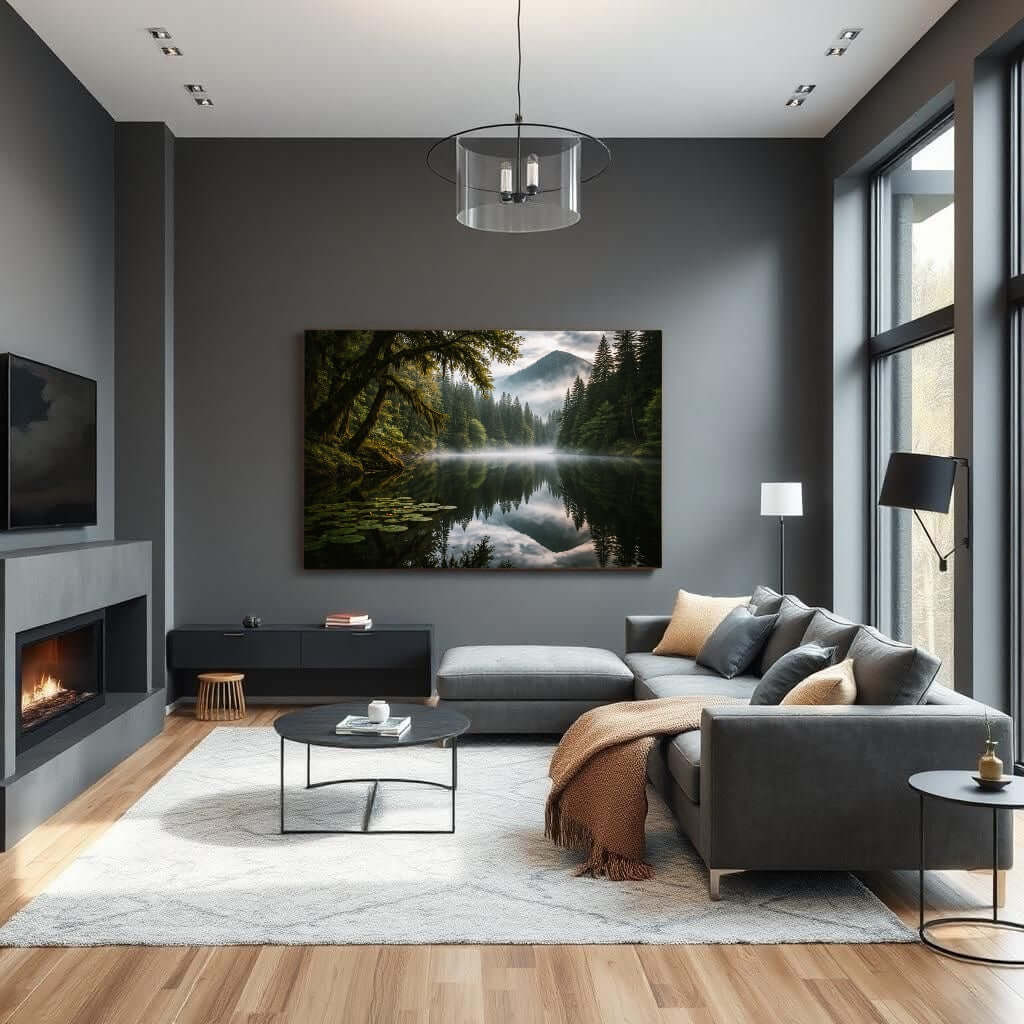 Canvas Schilderij Bosmeer met Waterlelies in een moderne woonkamer met comfortabel interieur.