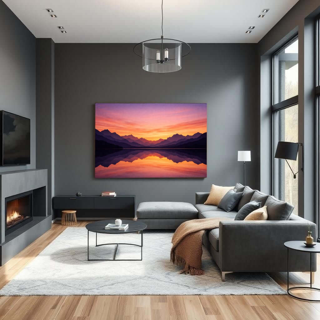Canvas Schilderij Moderne Zonsondergang Reflectie in een moderne woonkamer met stijlvolle inrichting.