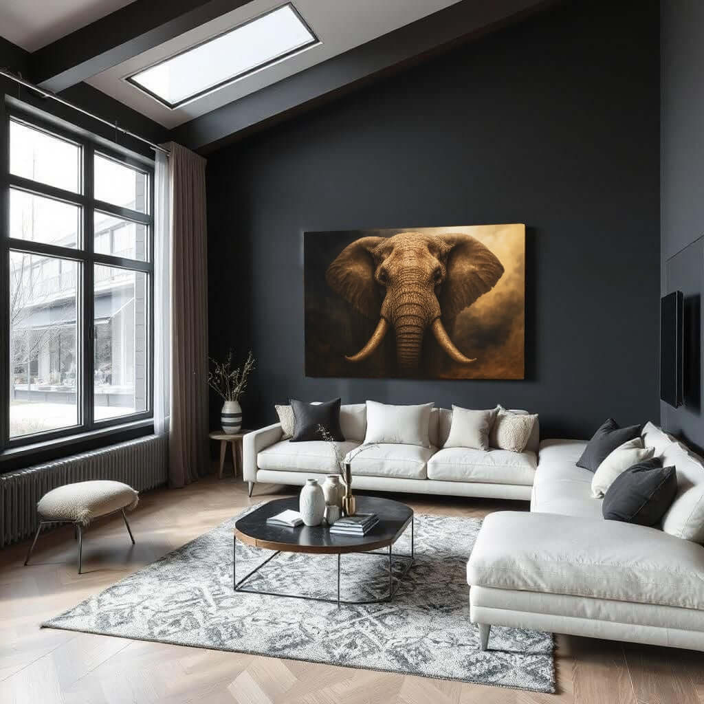 Close-up van Afrikaanse olifant met grote slagtanden op canvas.