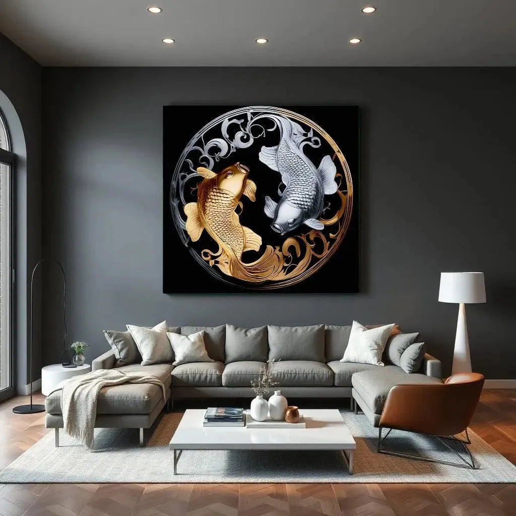 yin & yang Carp Gold Silver - Online Schilderij - Canvas Schilderij