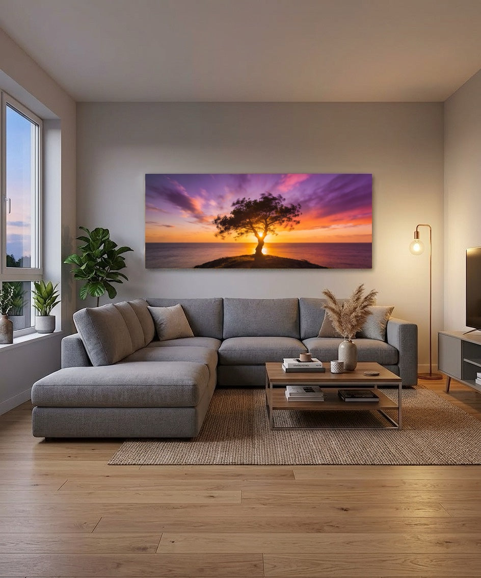 Canvas Painting Sunset with Tree on Sea