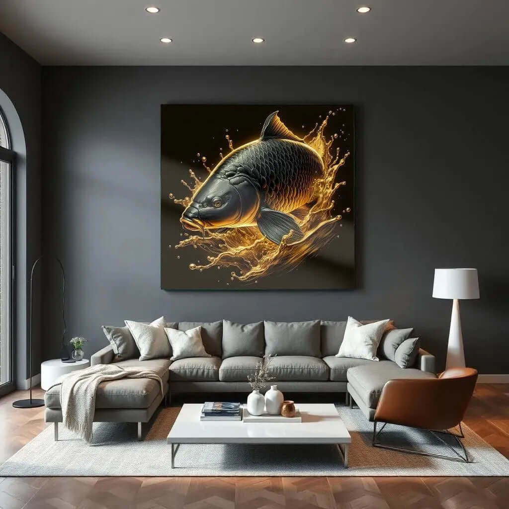 Carp in Golden Water - Online Schilderij - Glas Schilderij
