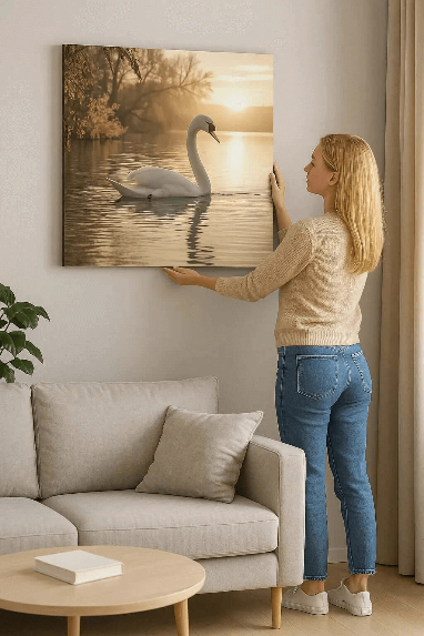 Serene Swan at Sunset - Online Schilderij - Glas Schilderij