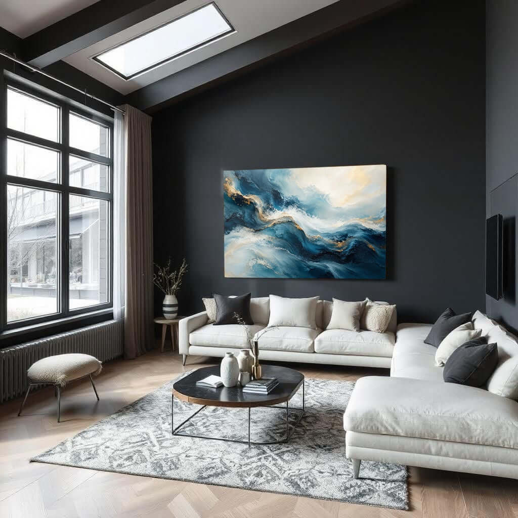 Abstract glasschilderij blauw en goud – Blauwe Harmonie in modern interieur met zachte kleuren.