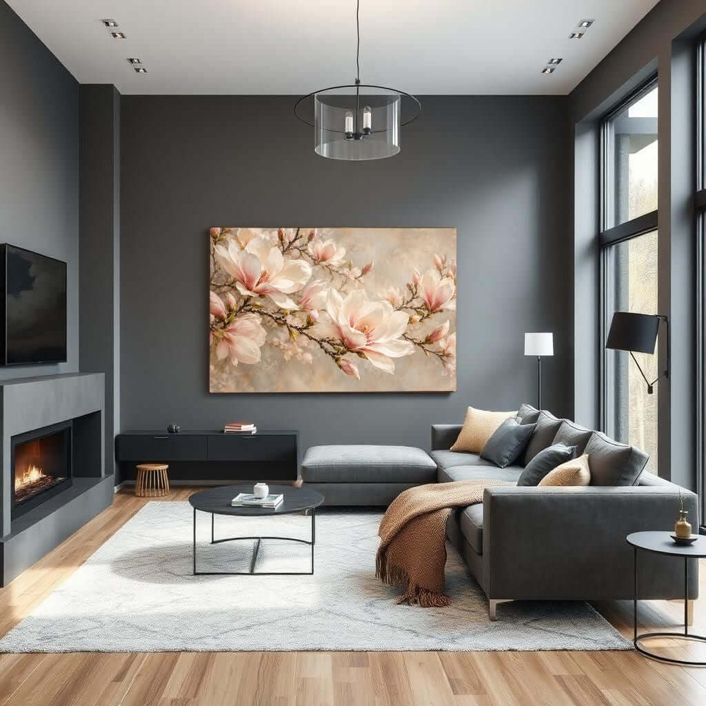 Bloesemlicht canvas schilderij met roze magnolia in moderne woonkamer decoratie.