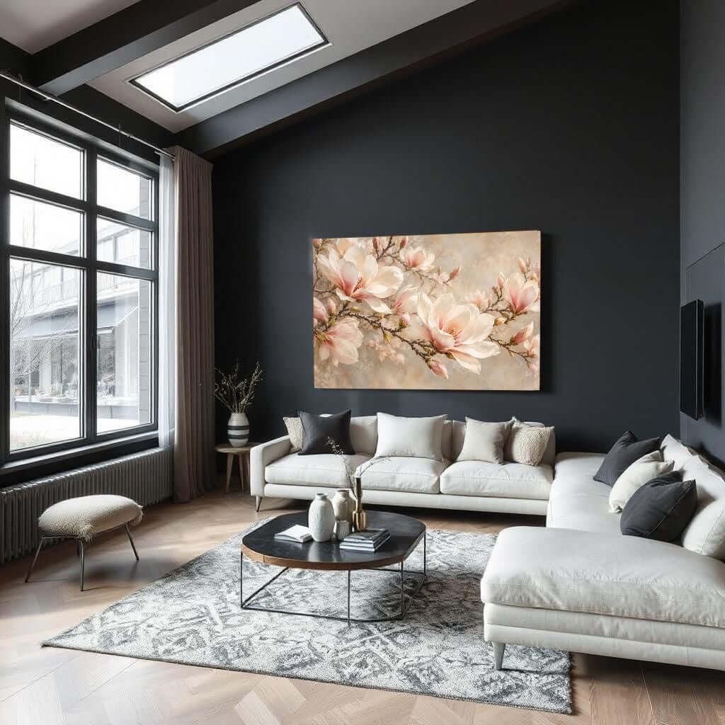 Glasschilderij roze magnolia op een muur in een moderne woonkamer met elegante inrichting.