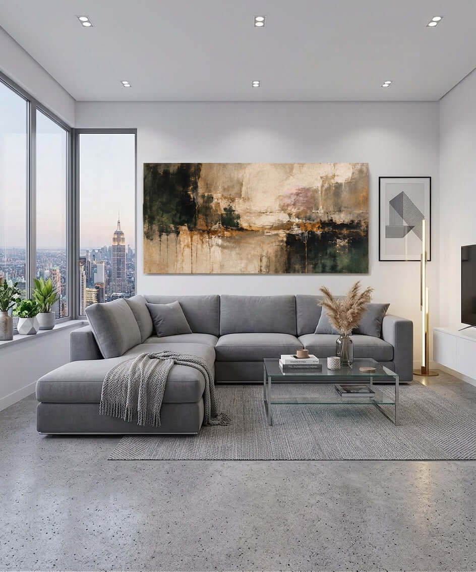 Canvas schilderij Aardse Balans boven een moderne bank in een stijlvolle woonkamer met uitzicht op de stad.