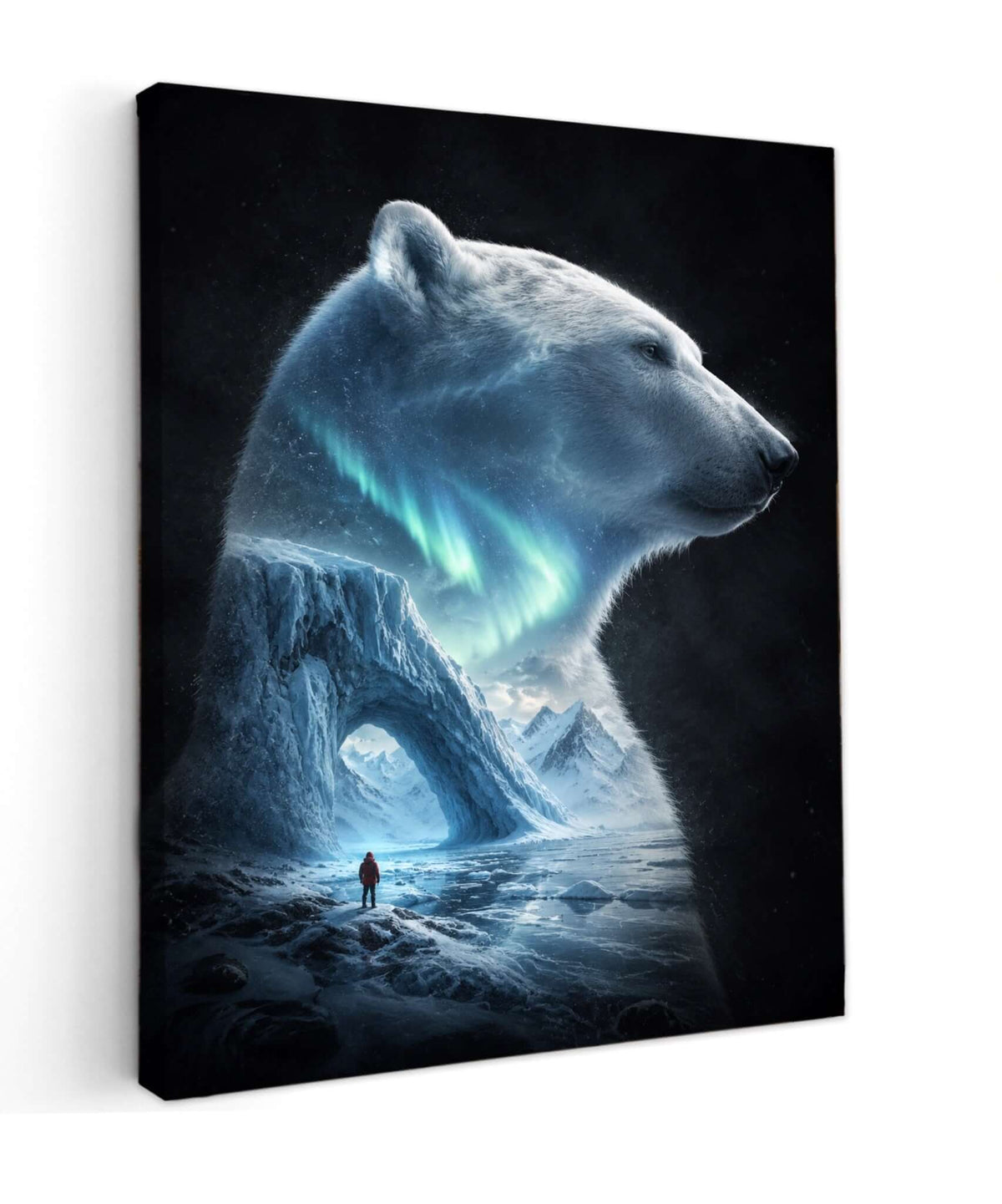 Canvas schilderij van een ijsbeerprofiel met noorderlicht, een ijsboog en een kleine figuur in een winters landschap