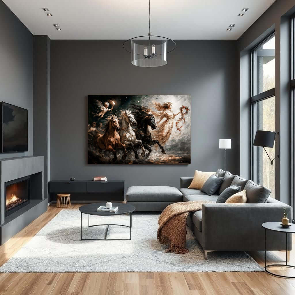 canvas schilderij woonkamer Godin met vurige paarden