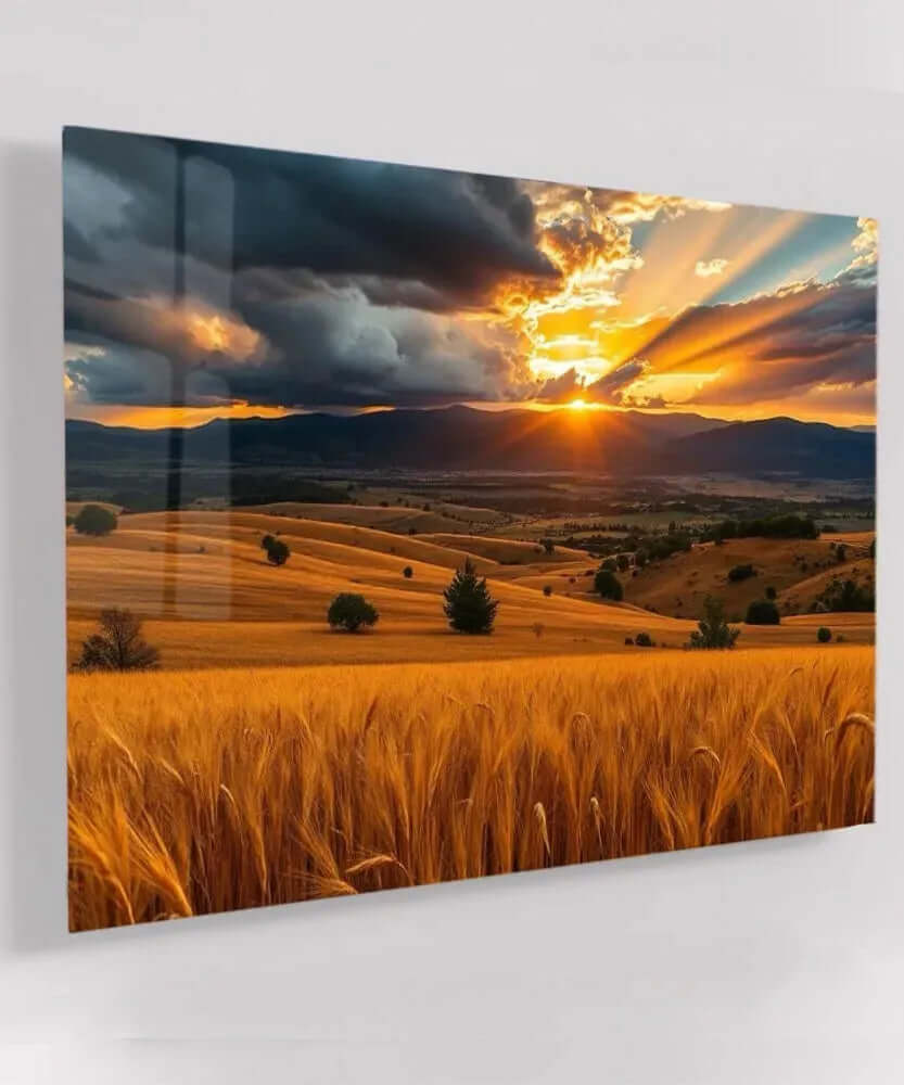 Stormy Sunset Over Wheat Fields - Online Schilderij - Glas Schilderij