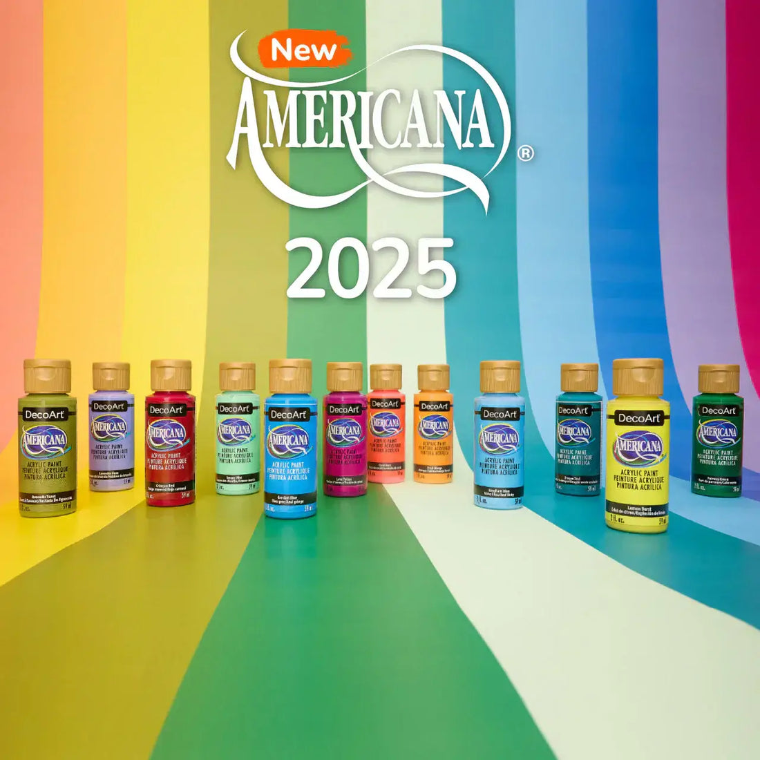DecoArt Americana 2025 complete set of colors displayed on vibrant striped background.