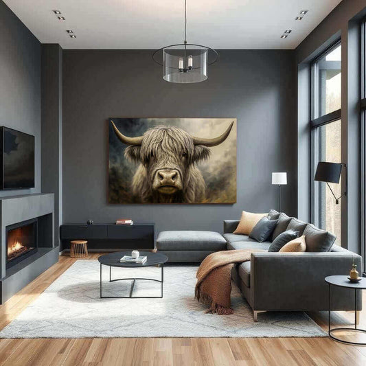 Waar hang je een canvas schilderij in een moderne woonkamer met een hooglander schilderij aan de muur?