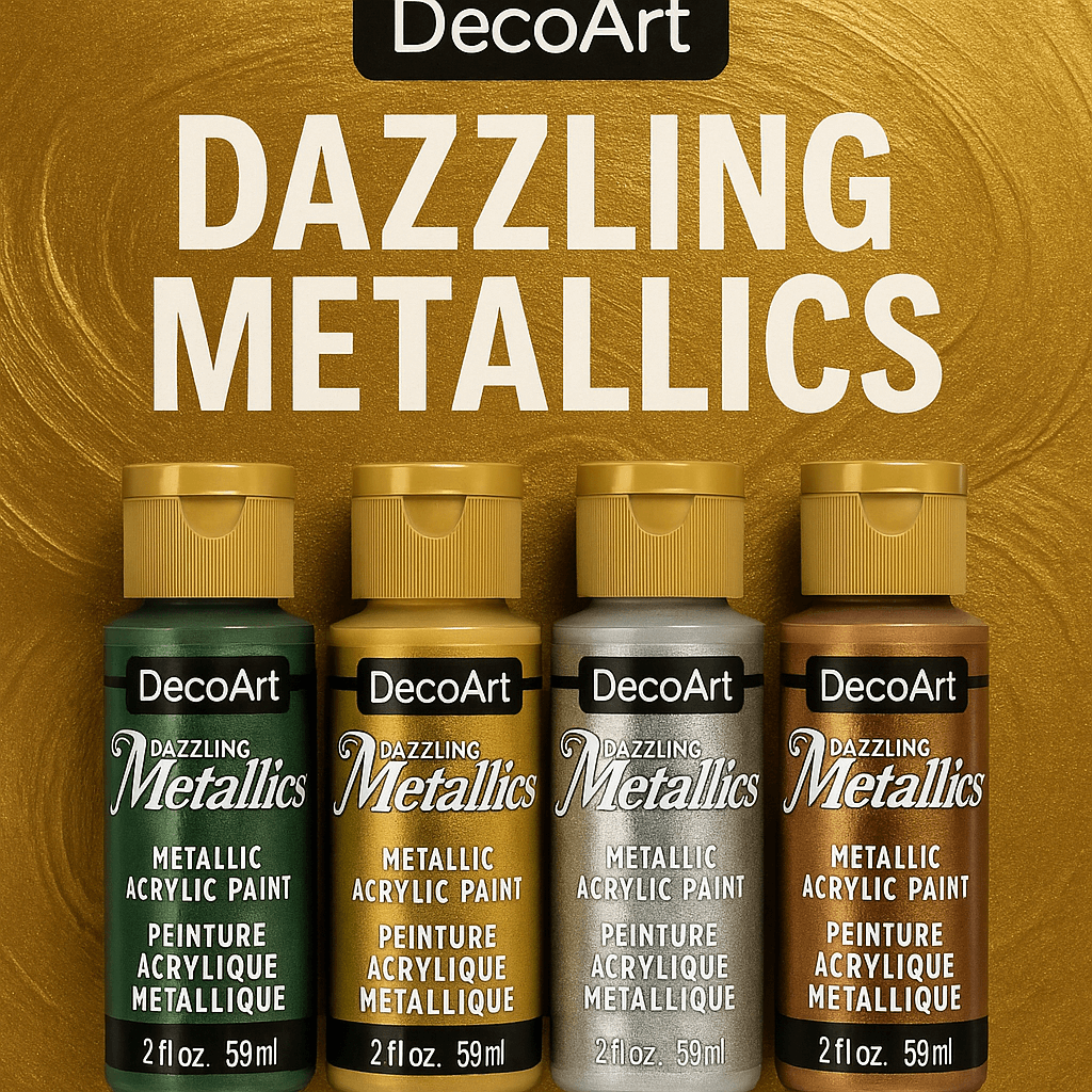 DecoArt Dazzling Metallics verfflessen met metallic acrylverf in verschillende kleuren op een gouden achtergrond.