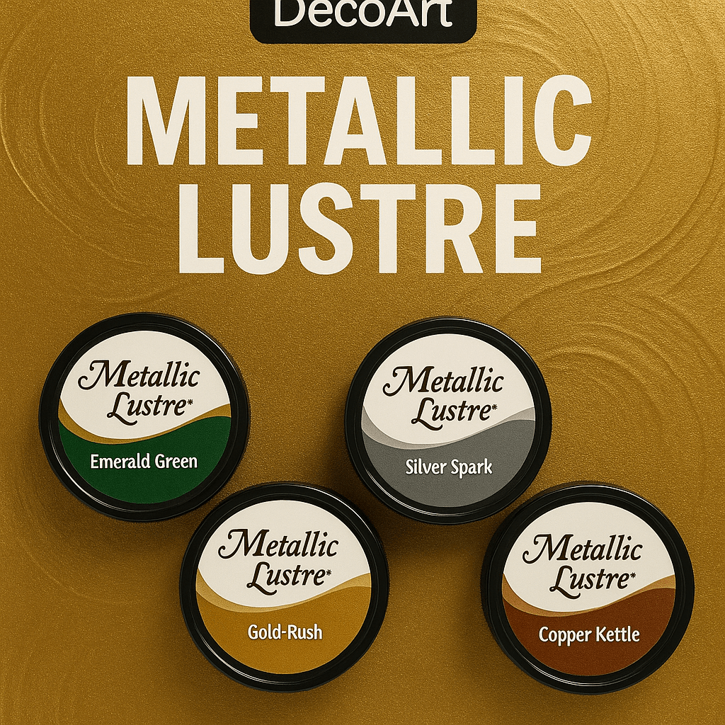 DecoArt Metallic Lustre assortiment van metallic wax pasta in vier kleuren: Emerald Green, Silver Spark, Gold-Rush, Copper Kettle.