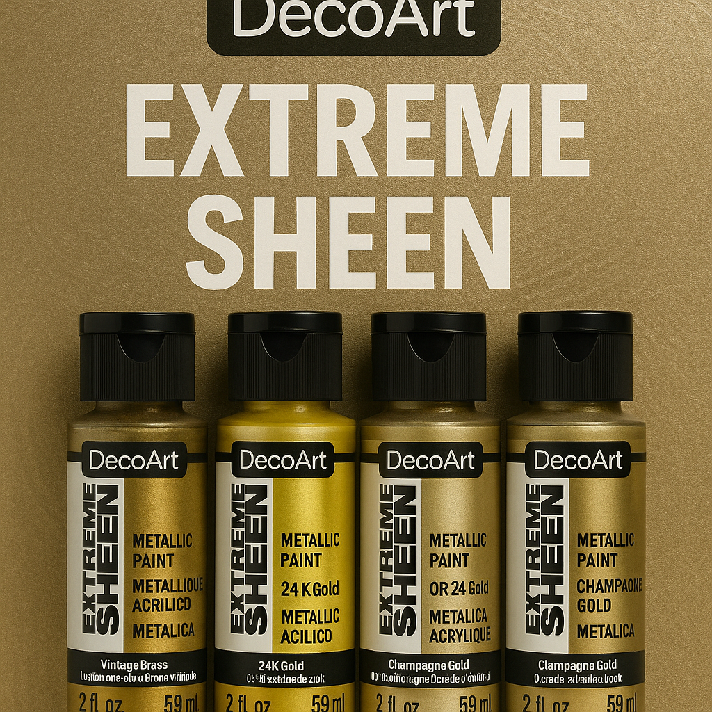 DecoArt Extreme Sheen metallic acrylverf flessen in verschillende kleuren zoals 24K Gold en Champagne Gold.