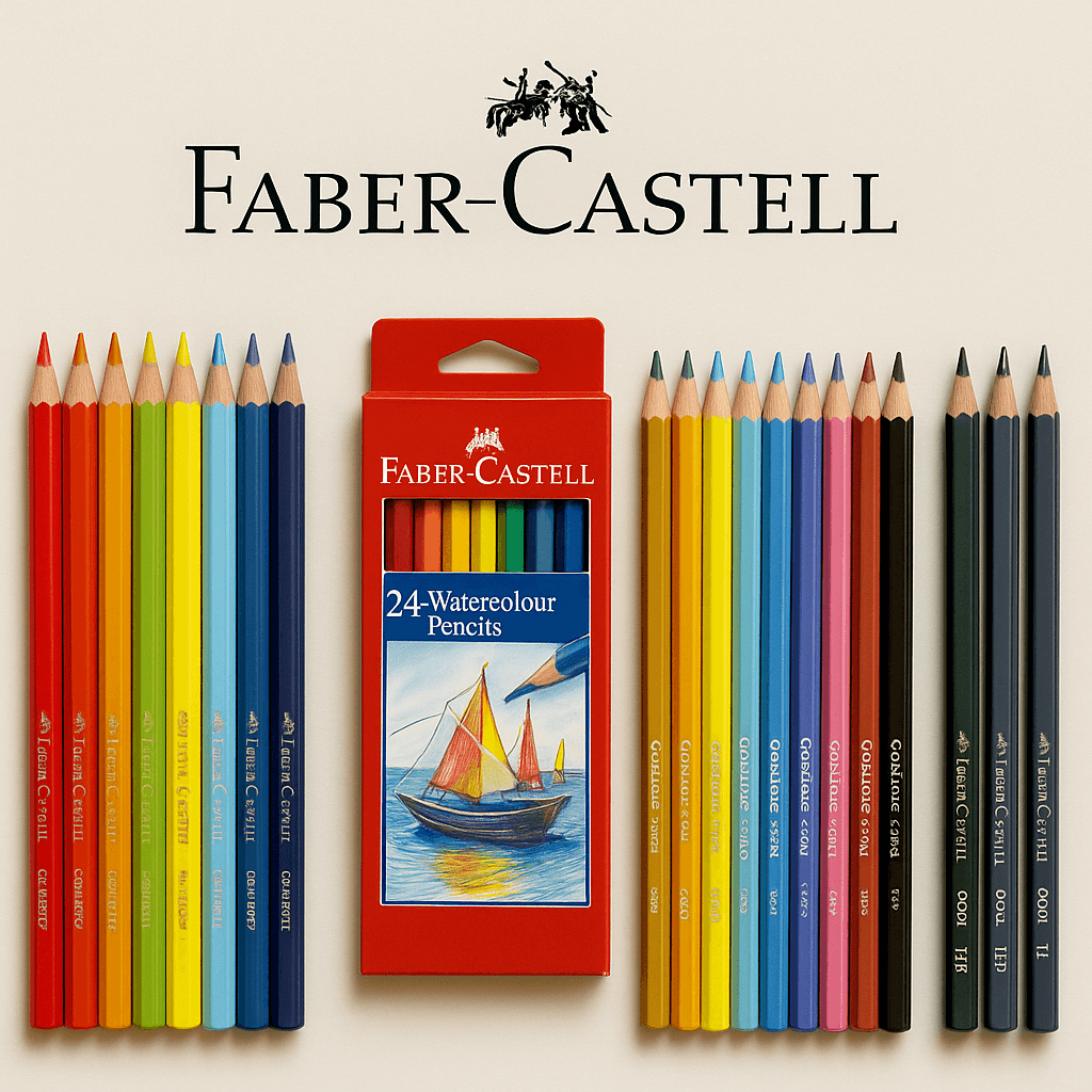 Faber-Castell potloden en aquarelpotloden in een kleurrijke presentatie met doos en verschillende kleuren.