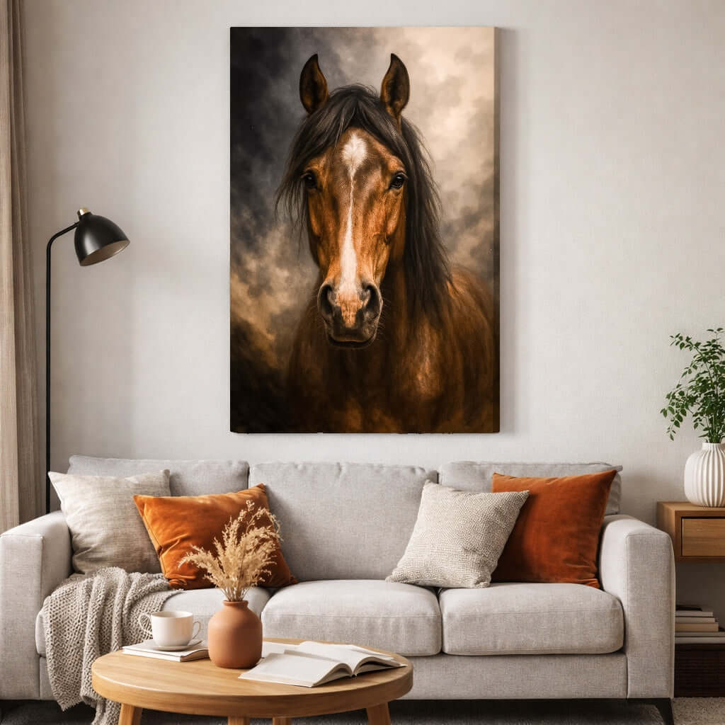 Canvas Schilderij Koninklijk Paard in stijlvolle woonkamer met moderne decoratie.