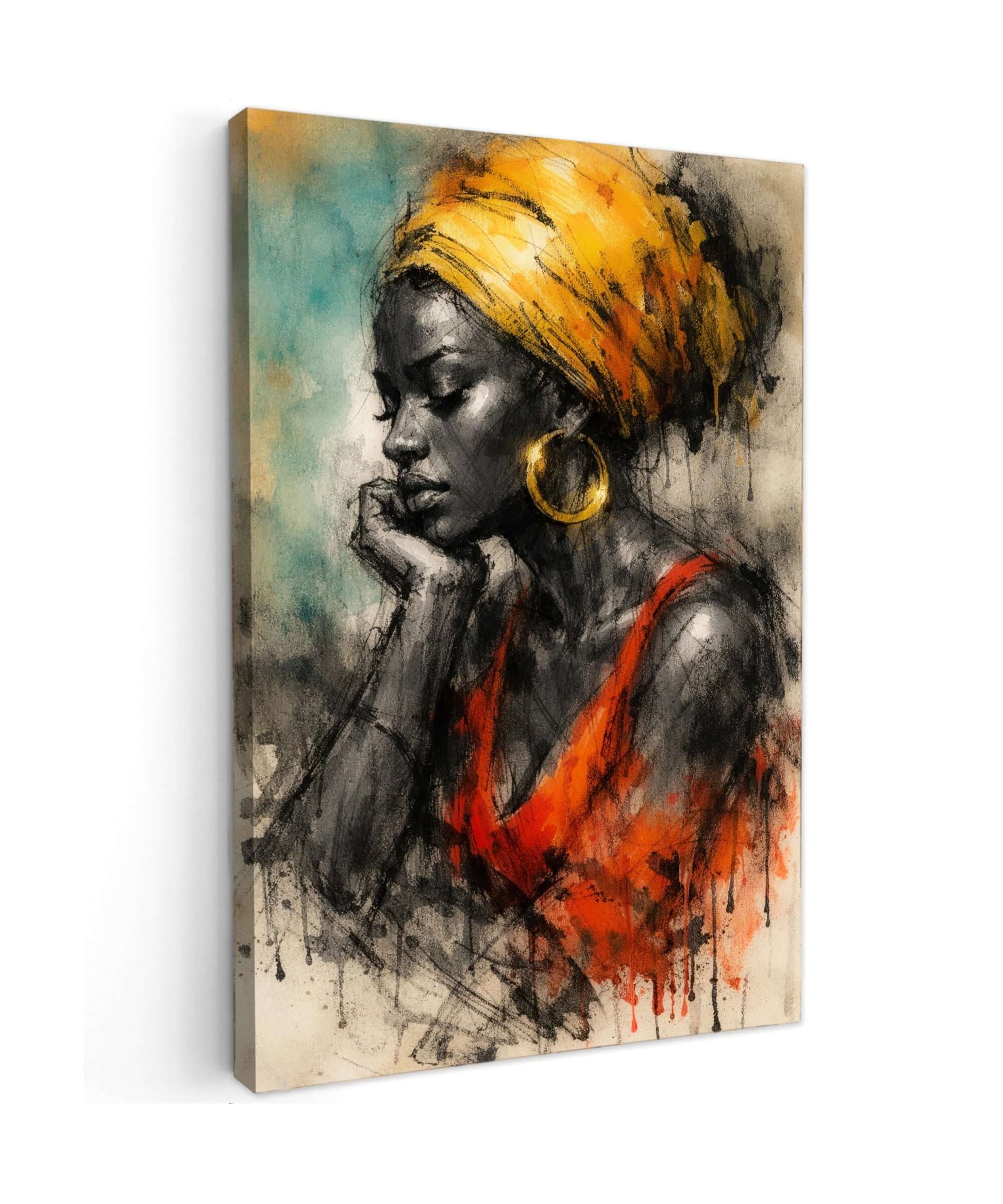 Canvas Schilderij Afrikaanse Vrouw Portret in levendige kleuren met een vrouw in een oranje top en gele hoofddoek.