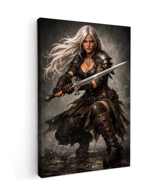 Canvas Schilderij Fierce Blonde Elf Warrior, een krachtige elf met zwaard en levendige kleuren op premium canvas.