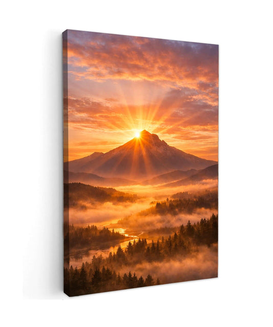 Canvas Schilderij Mount Hood Stijl Zonsopgang met prachtig uitzicht op de zon die opkomt boven de bergen.