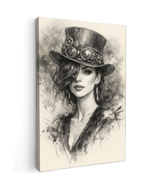 Canvas Schilderij Steampunk Vrouw met Tophat, stijlvolle kunst voor elke ruimte.