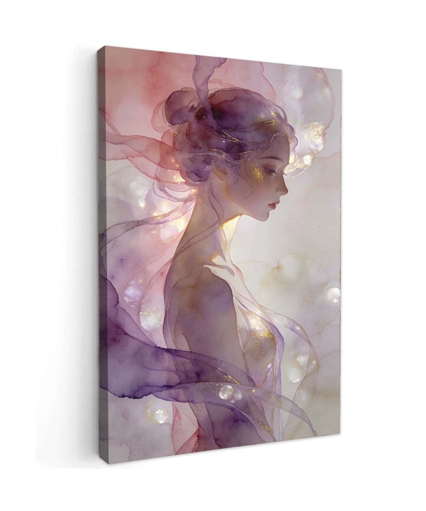 Canvas Schilderij Ethereal Woman Watercolor Portrait voor een kleurrijke en artistieke sfeer in elke ruimte.