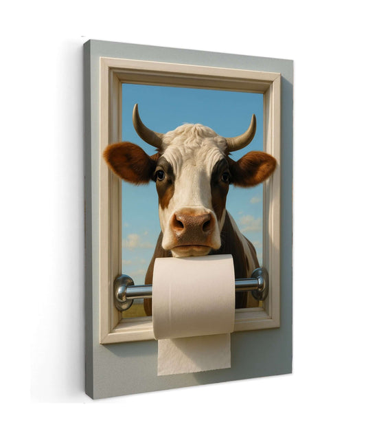 Canvas schilderij koe en wc-papier 
