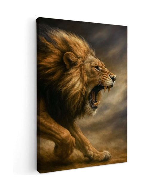 Canvas Schilderij De Leeuw Ontwaakt met een krachtige leeuw die brult in levendige kleuren op premium canvas.