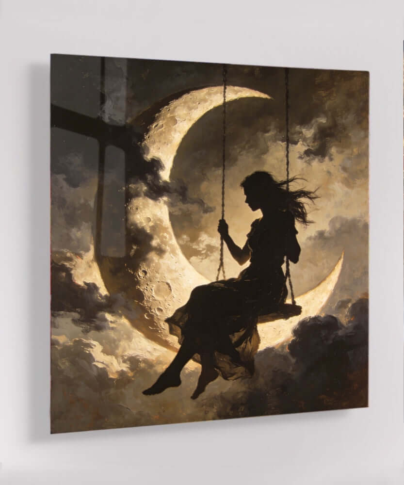 Glas Schilderij Vrouw op Maan Schommel Silhouet, modern kunstwerk op acrylglas.