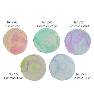Gansai Tambi Granulating Colors 2 in vibrant hues, including Cosmic Red, Cosmic Green, Cosmic Violet, Cosmic Olive, and Cosmic Blue.