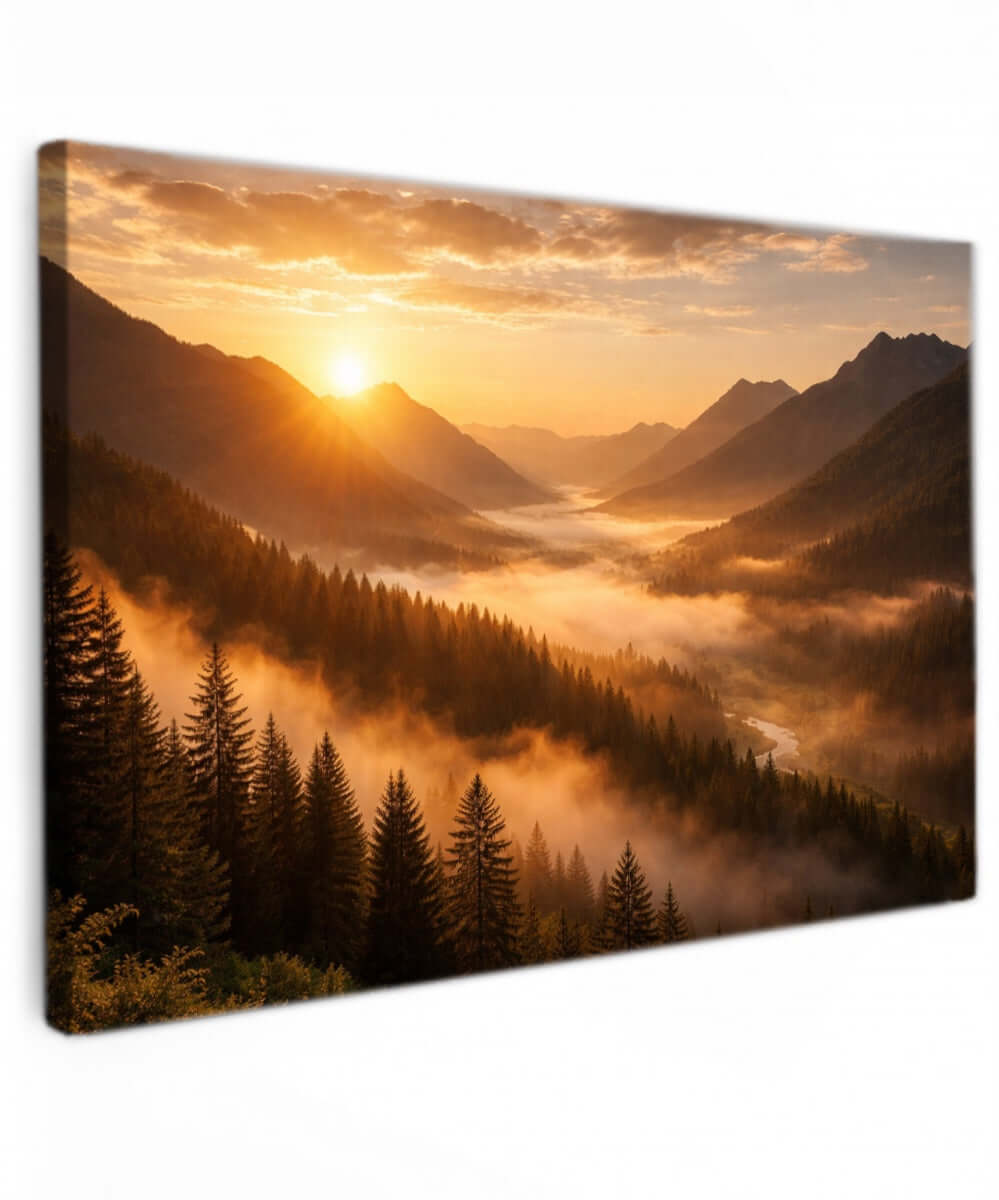Canvas Schilderij Zonsondergang Mistige Bergen Bosvallei met prachtige kleuren en mistige bergen.