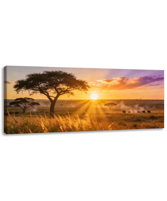 Canvas Schilderij Olifanten Savanne Zonsondergang met silhouet van olifanten en zonsondergang achter een boom.