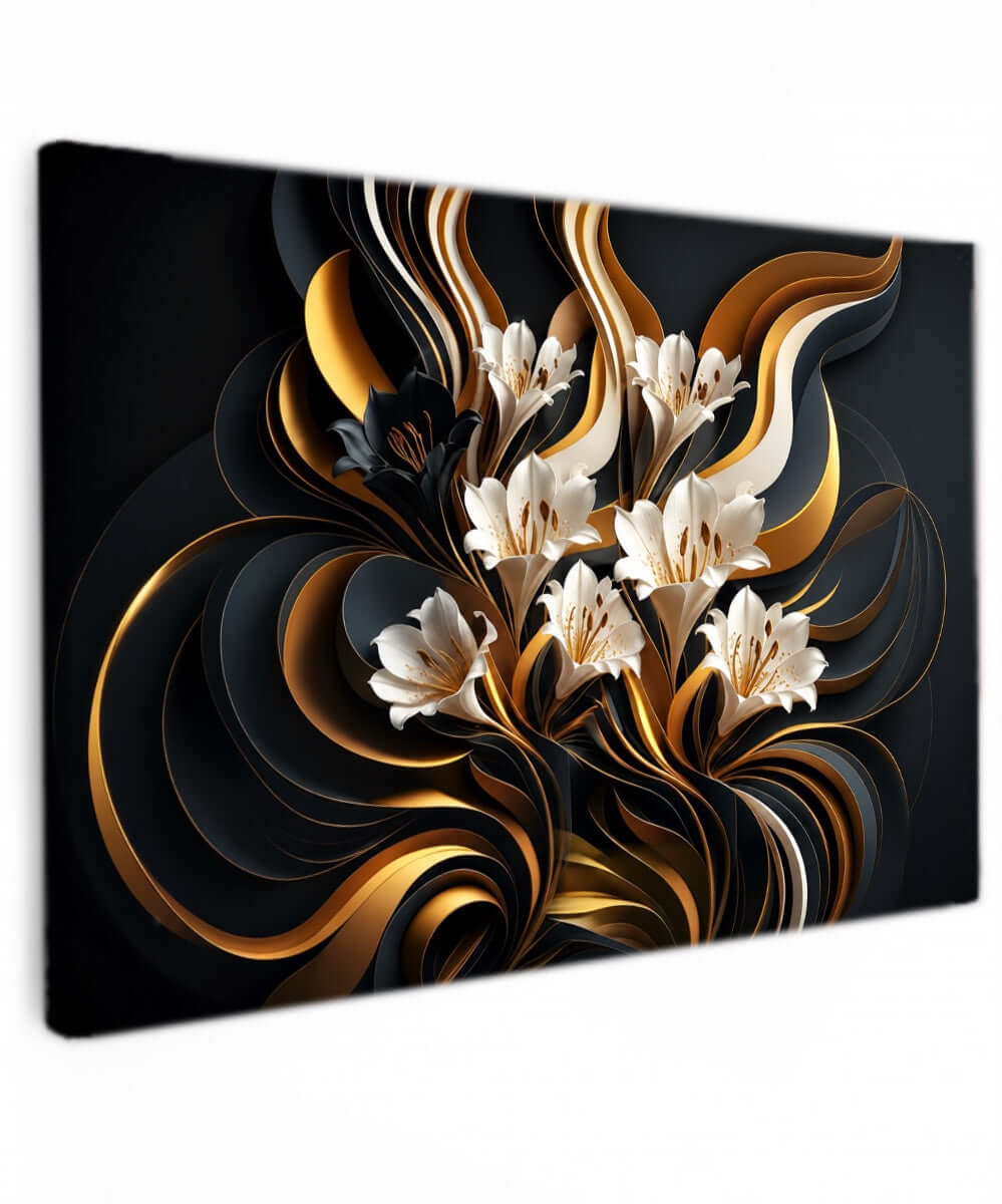 Canvas Schilderij abstracte bloemen in goud en zwart met elegante bloemen op premium canvas.