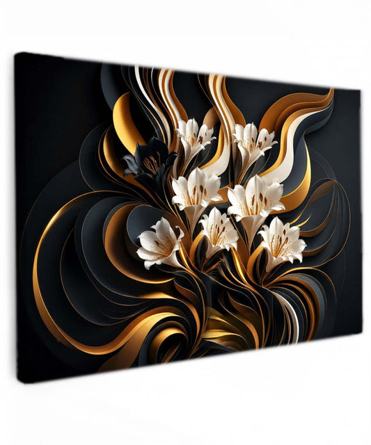 Canvas Schilderij abstracte bloemen in goud en zwart met elegante bloemen op premium canvas.