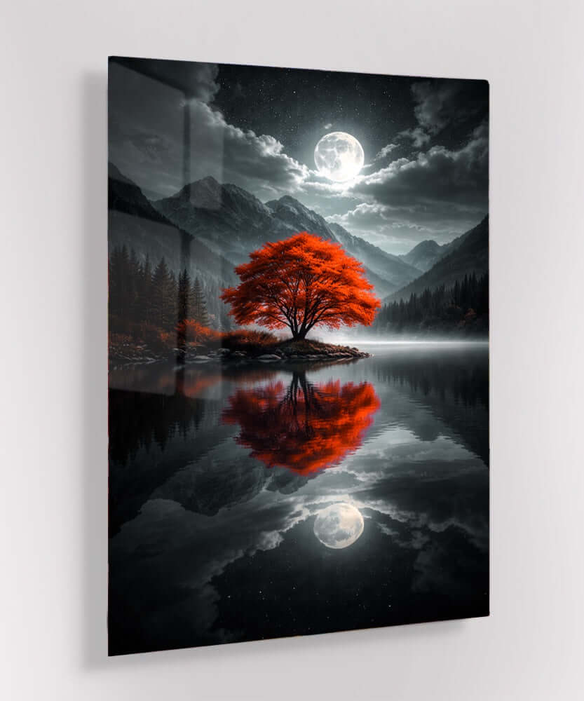 Glas Schilderij Rode Boom Volle Maan met een heldere rode boom weerspiegeld in water onder een volle maan.