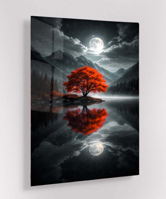 Glas Schilderij Rode Boom Volle Maan met een heldere rode boom weerspiegeld in water onder een volle maan.