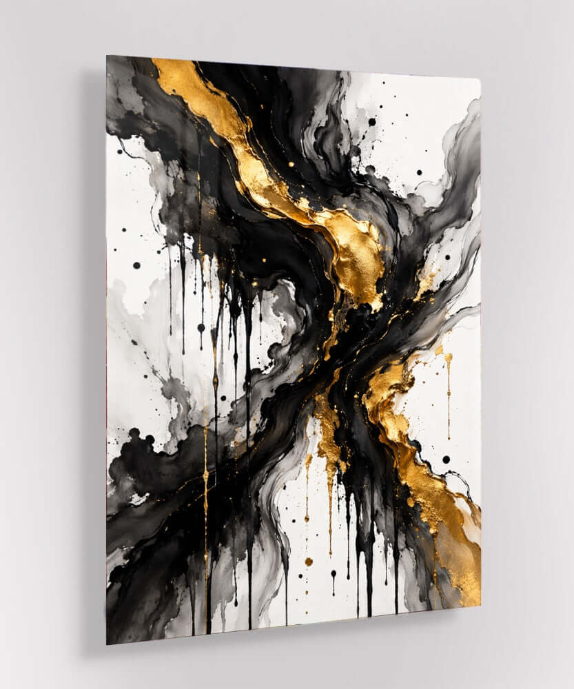 Glas Schilderij Luxe Dynamische Kunst met een zwart-wit-gouden abstract ontwerp, perfect voor moderne interieurs.