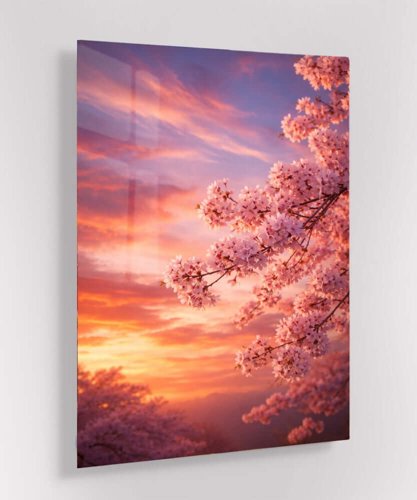 Glas Schilderij Roze Sakura Bloesem Wolkenlandschap met bloeiende kersenbloesems en een kleurrijke lucht.