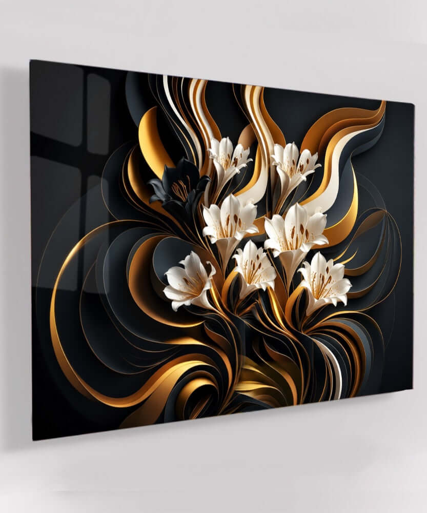 Glas Schilderij abstracte bloemen – Gold & Black Elegance op acrylglas met moderne bloementhema.